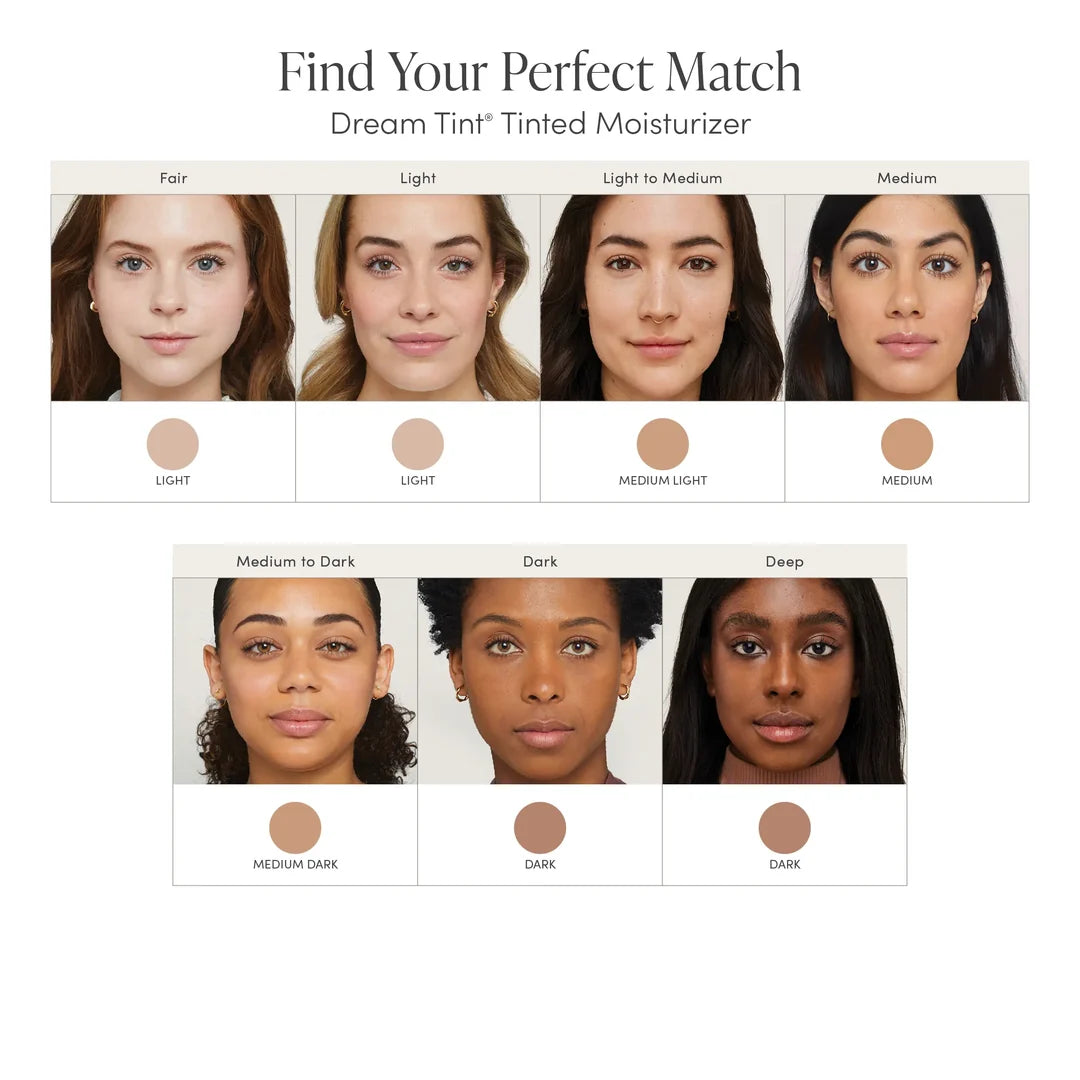 jane iredale Dream Tint Tinted Moisturiser shade guide showing model photographs and colour swatches across fair to deep skin tones.