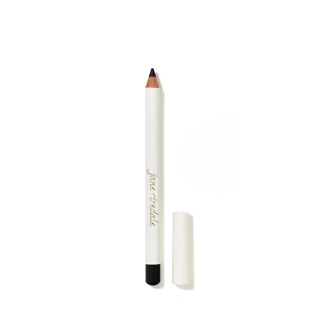 jane iredale Eye Pencil in Basic Black, shown sharpened beside its white cap on a white background.