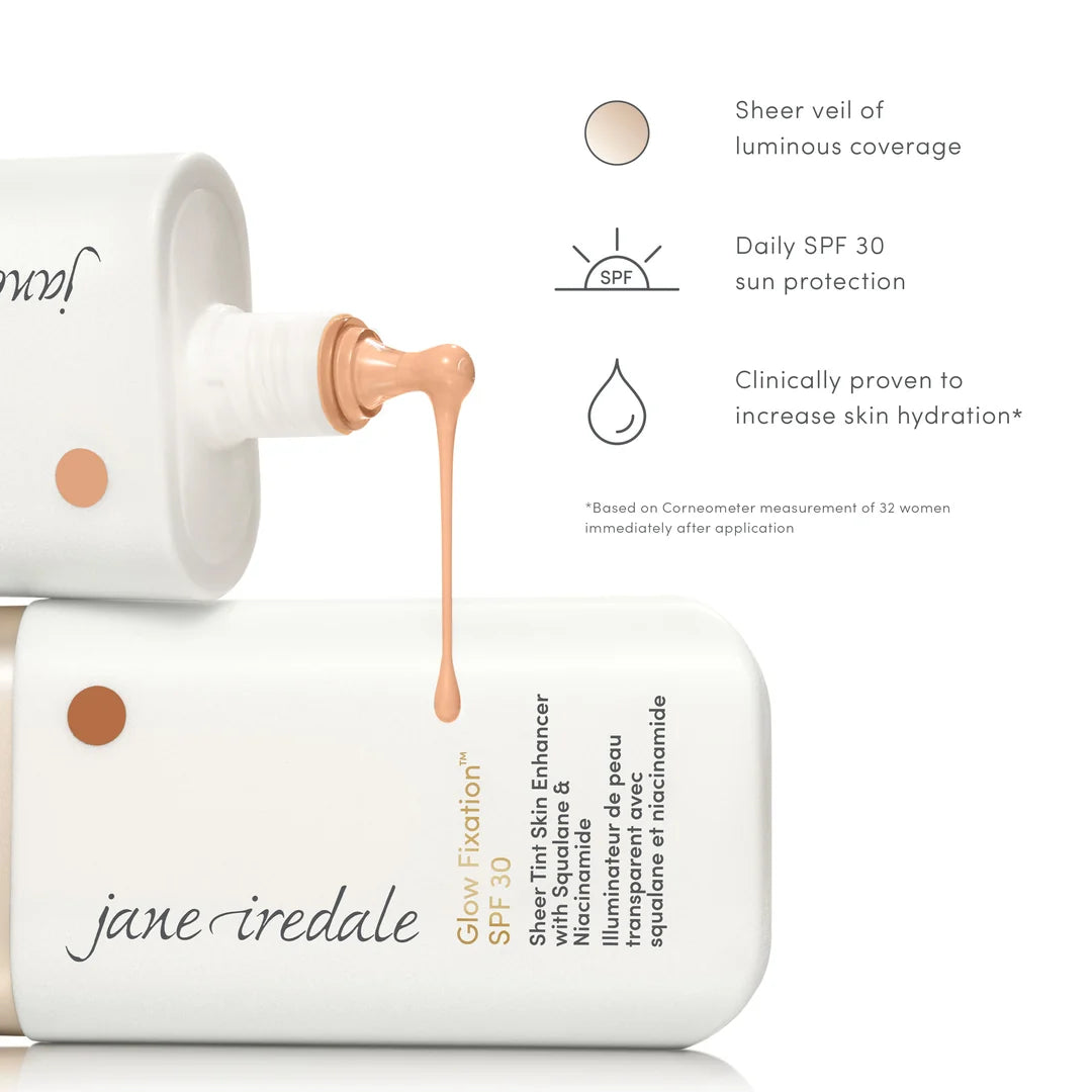 jane iredale Glow Fixation bottles and flowing product texture beside a graphic describing sheer luminous coverage, SPF 30 and hydration.