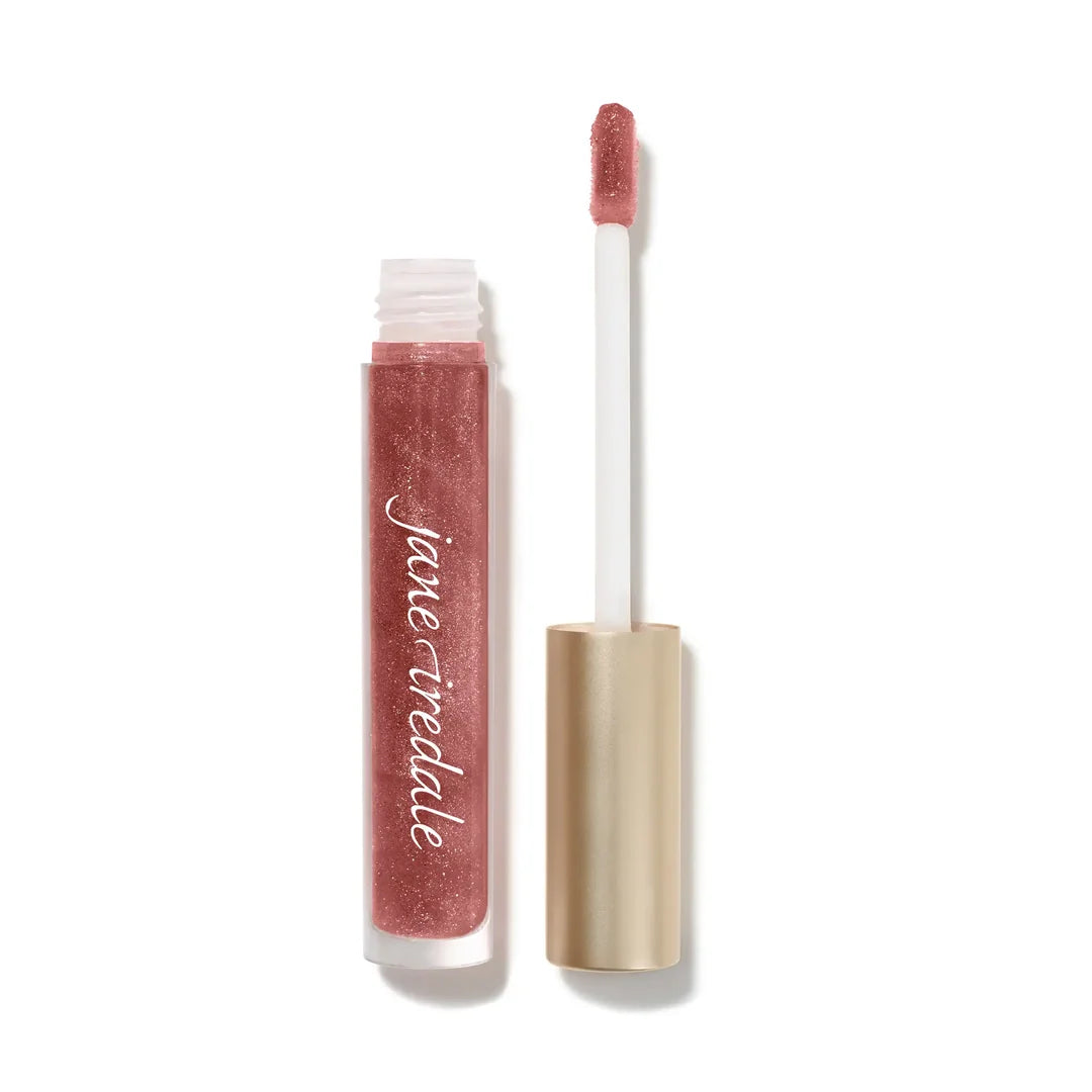 jane iredale HydroPure Hyaluronic Lip Gloss in Mocha Latte, shown in a clear tube beside its wand and gold-toned cap.
