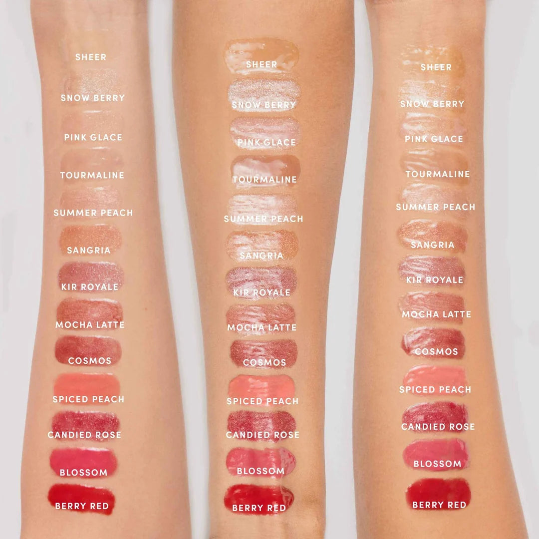 jane iredale HydroPure Hyaluronic Lip Gloss shade chart showing labelled gloss swatches on three arms with different skin tones.