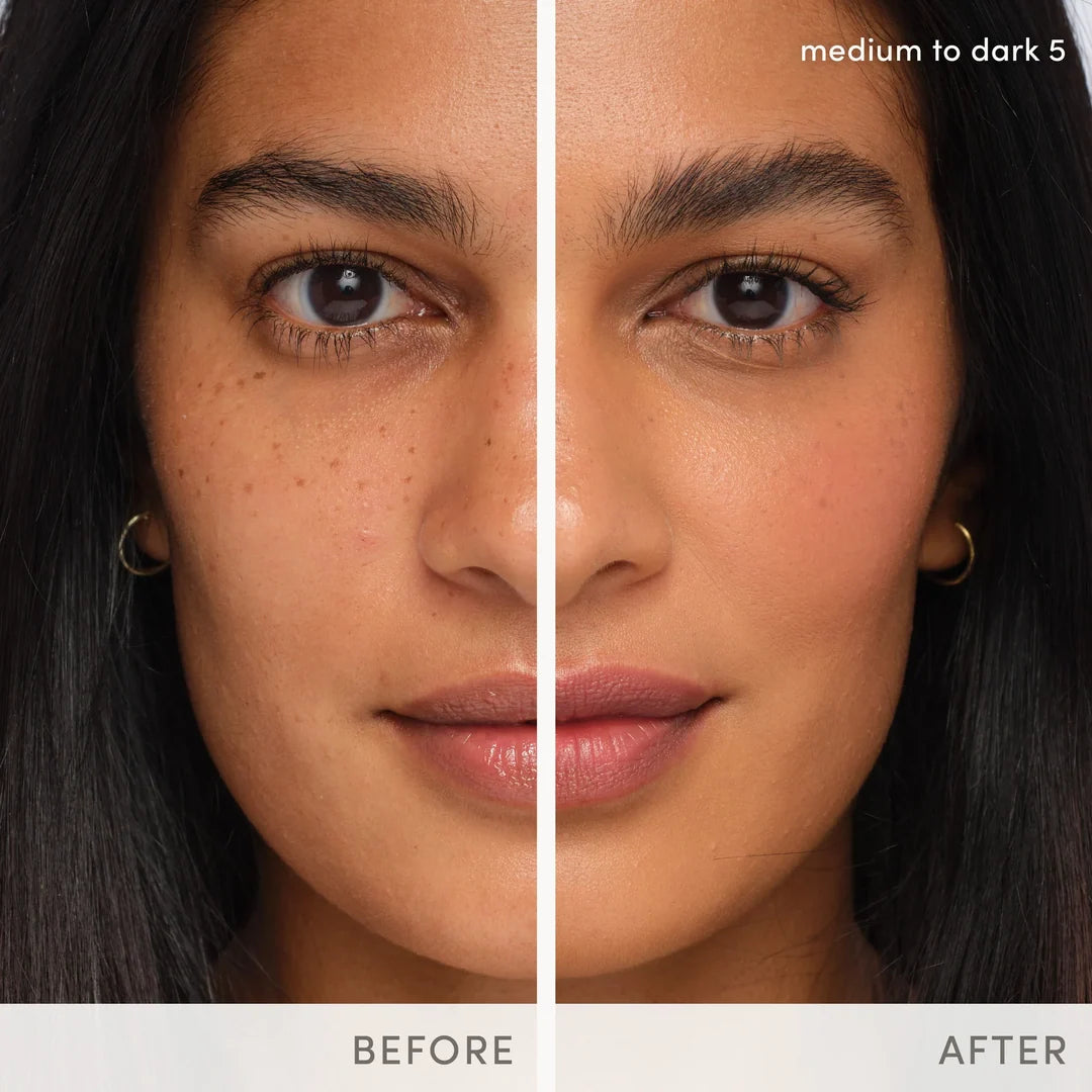Side-by-side photographs of a model before and after applying jane iredale HydroPure Tinted Serum in Medium to Dark 5.