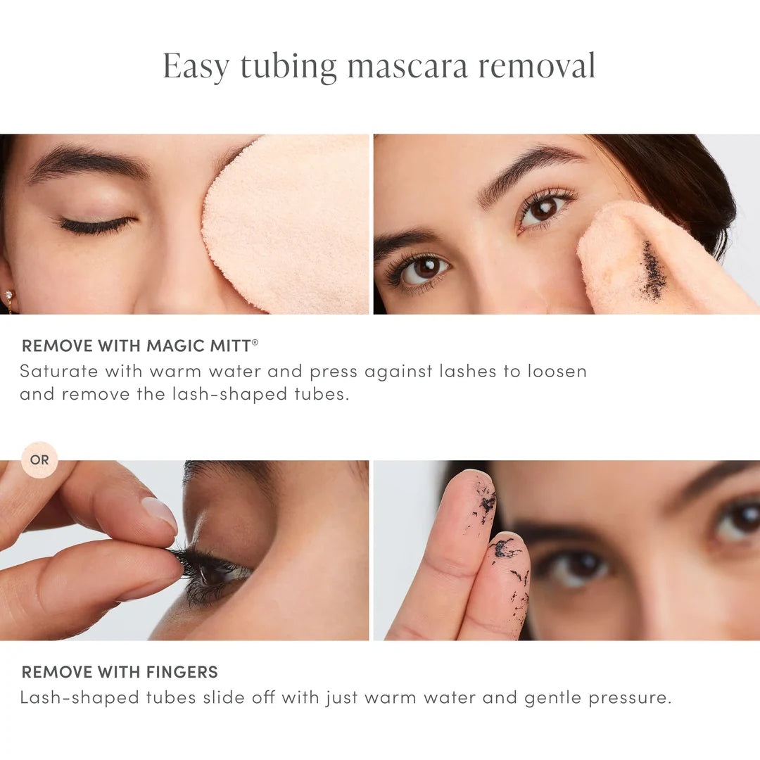 jane iredale Lash Fixation tubing mascara removal guide demonstrating warm water with a Magic Mitt or fingers.
