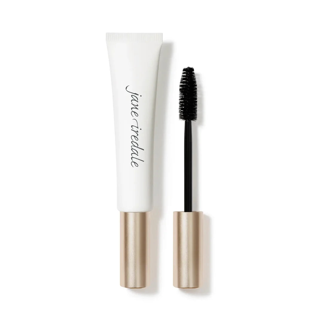jane iredale Longest Lash mascara tube with a gold-toned cap beside a separate black bristle wand.