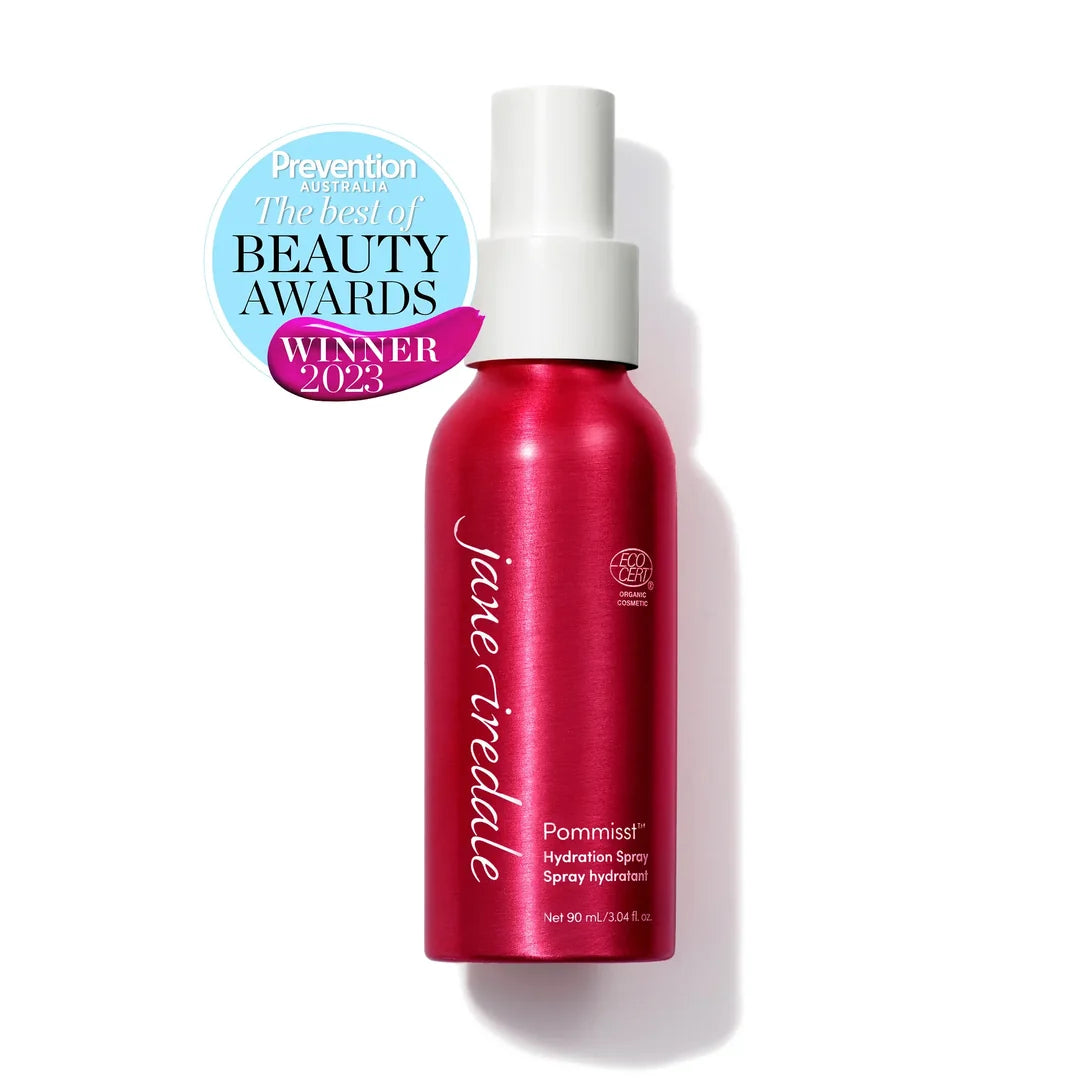 Red jane iredale POMMISST Hydration Spray bottle beside a Prevention Australia Best of Beauty Awards Winner 2023 badge.