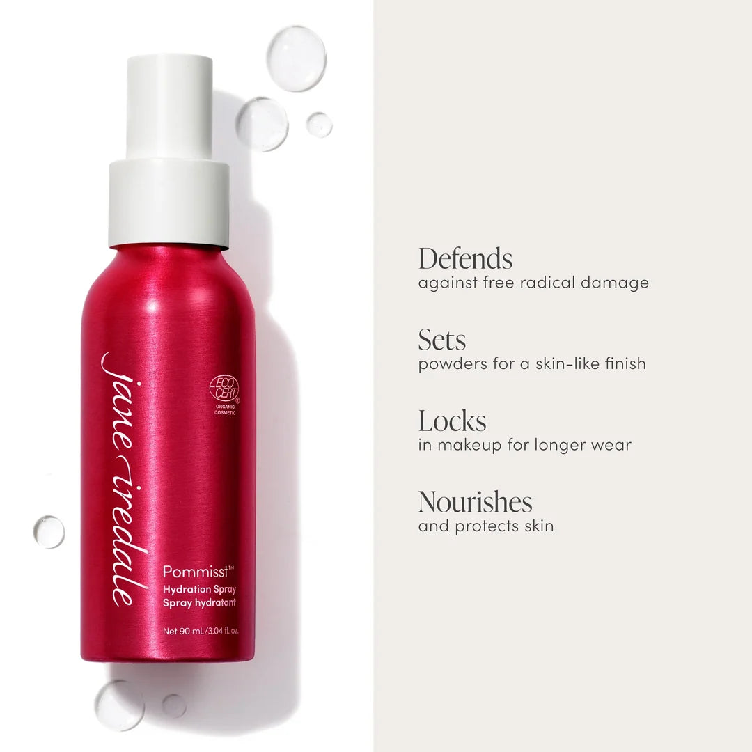 jane iredale POMMISST Hydration Spray in a red bottle beside a graphic describing antioxidant protection and makeup-setting benefits.