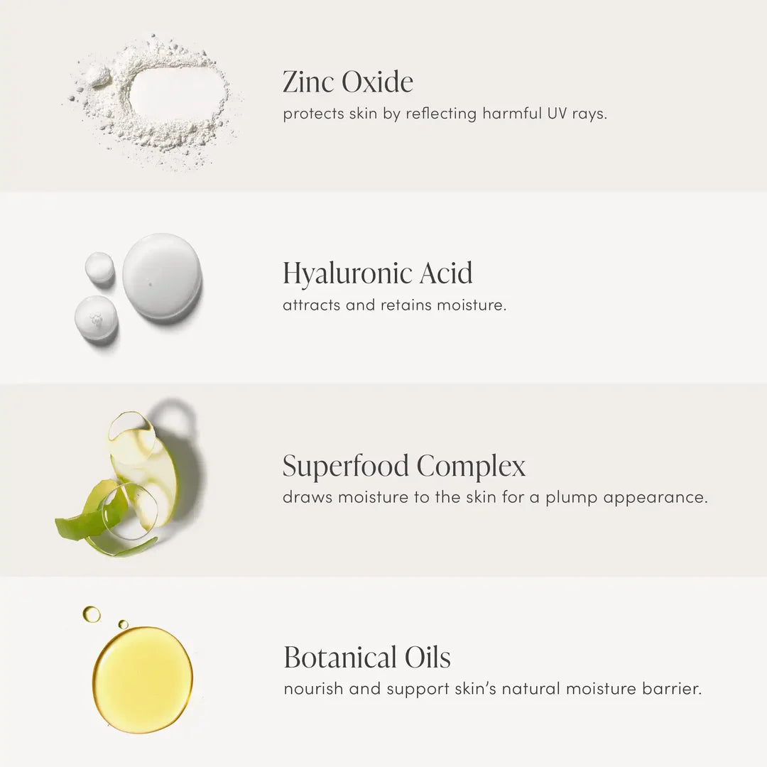 jane iredale Skintuition foundation ingredient graphic featuring zinc oxide, hyaluronic acid, superfood complex and botanical oils.