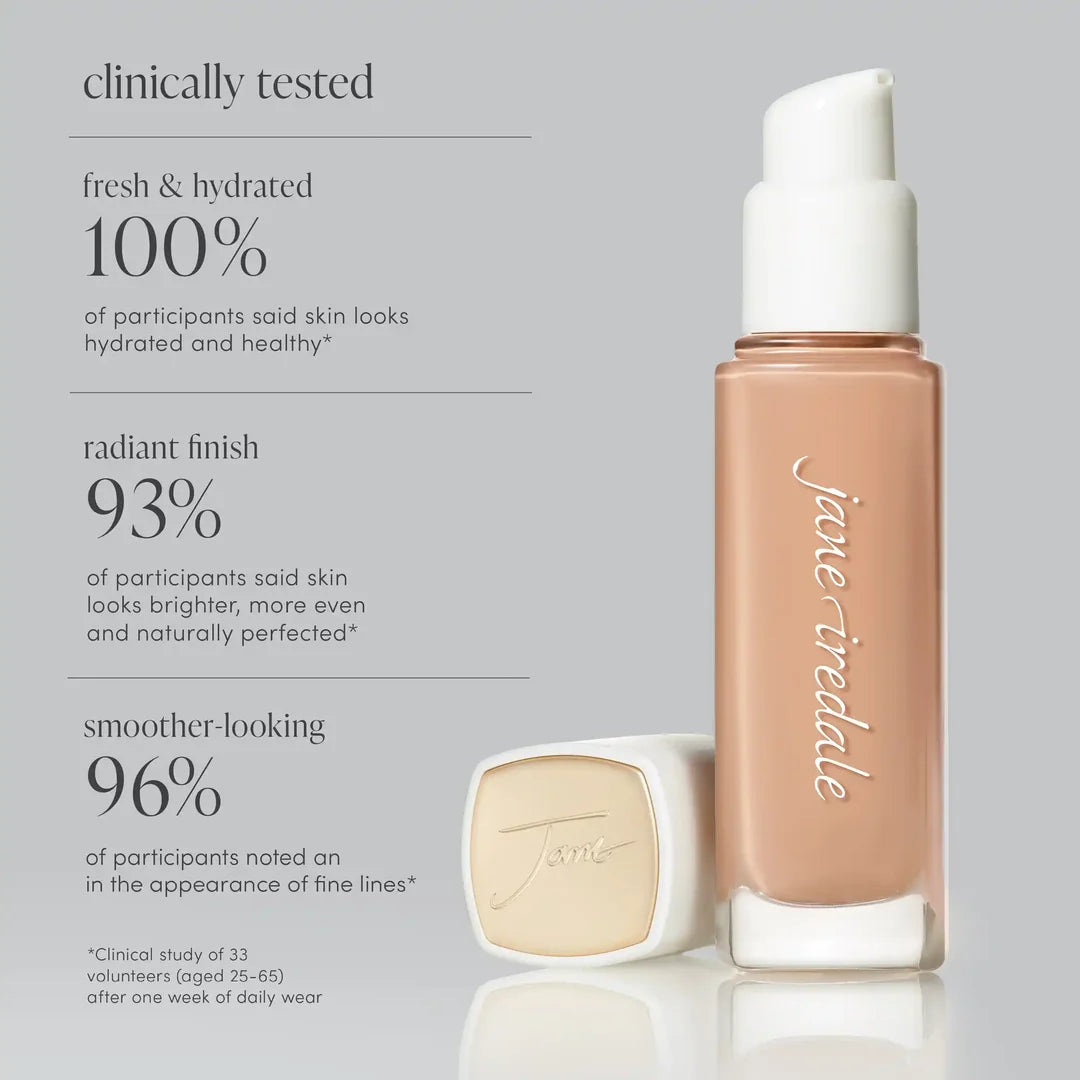 jane iredale Skintuition foundation graphic showing participant-reported hydration, radiance and smoother-looking skin results beside an uncapped pump bottle.