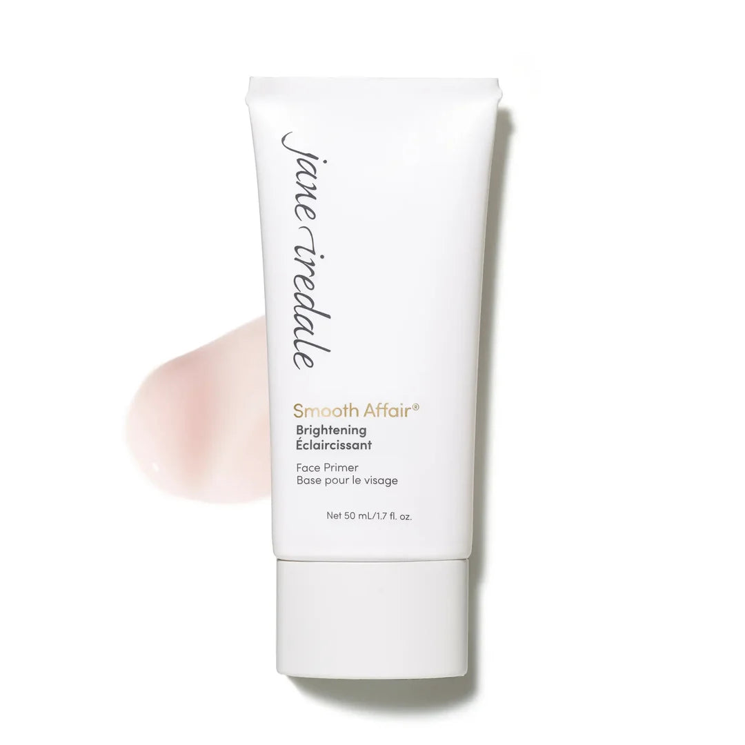 jane iredale Smooth Affair Brightening Face Primer in a white tube beside a pale pink product swatch.