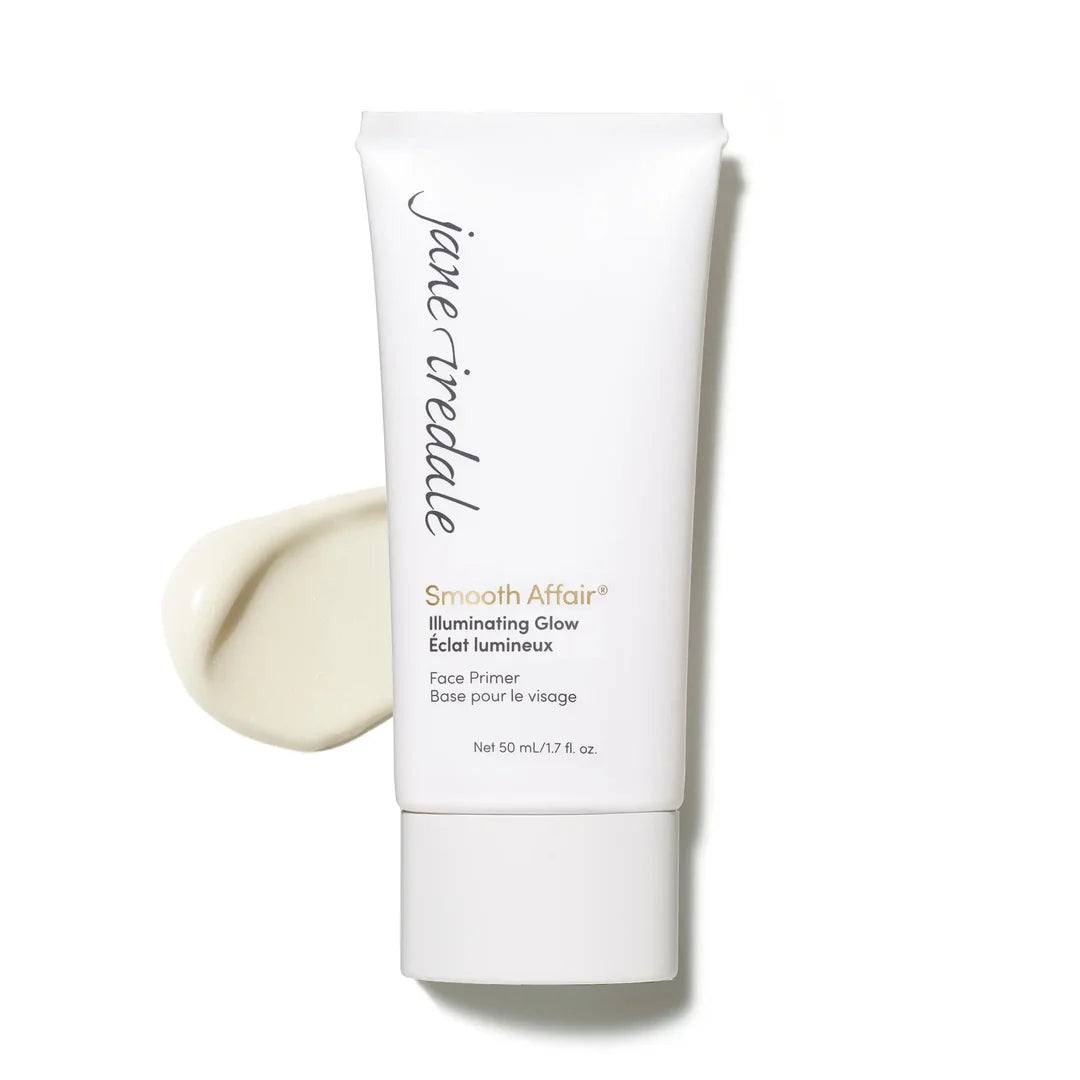 jane iredale Smooth Affair Illuminating Glow Face Primer in a white tube beside a cream-coloured product swatch.