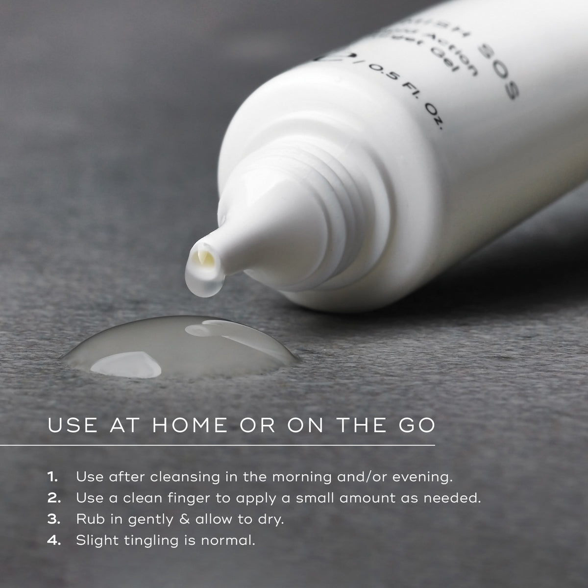 Close-up of Medik8 Blemish SOS dispensing gel onto a grey surface with application instructions.