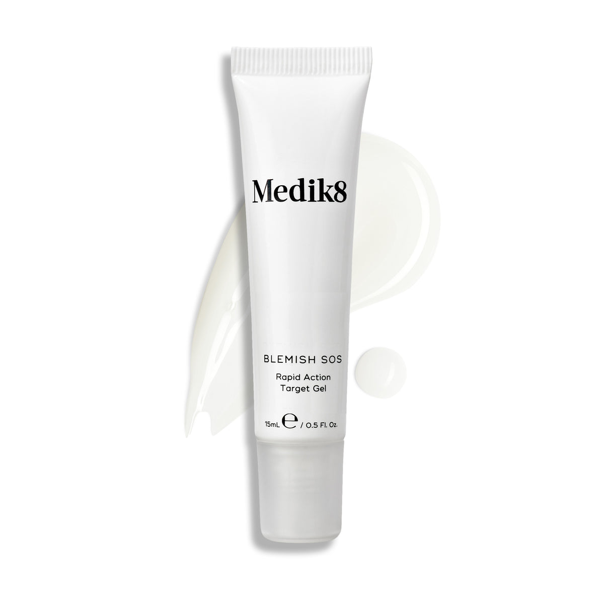 Medik8 Blemish SOS 15ml white tube with gel texture swatches on a white background.