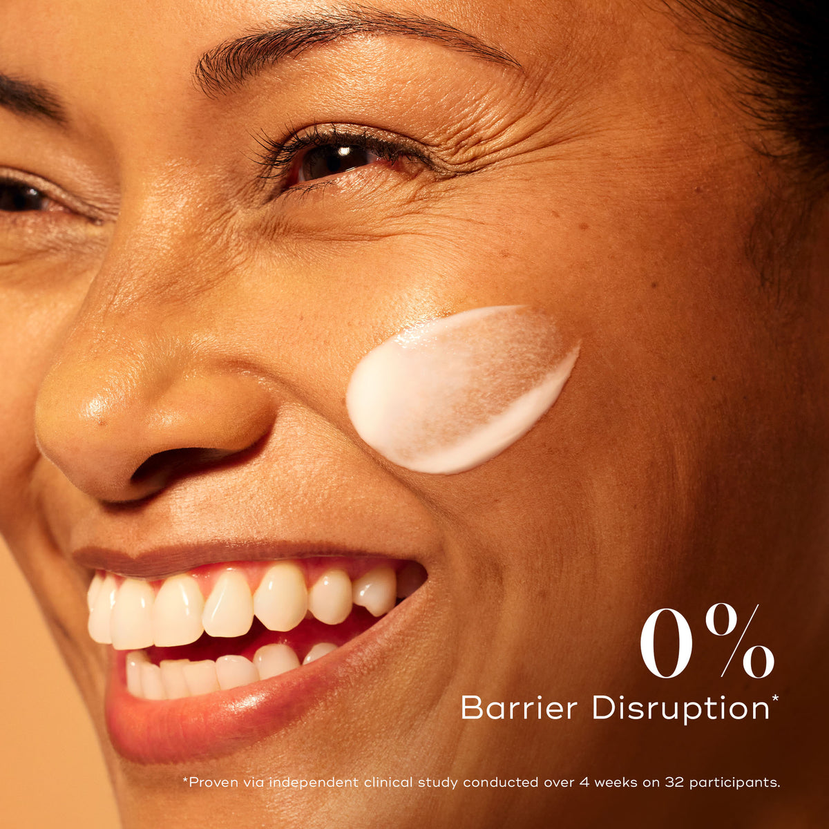 Model with Medik8 C-Tetra Advanced on the cheek beside a graphic reporting 0% barrier disruption in a study.