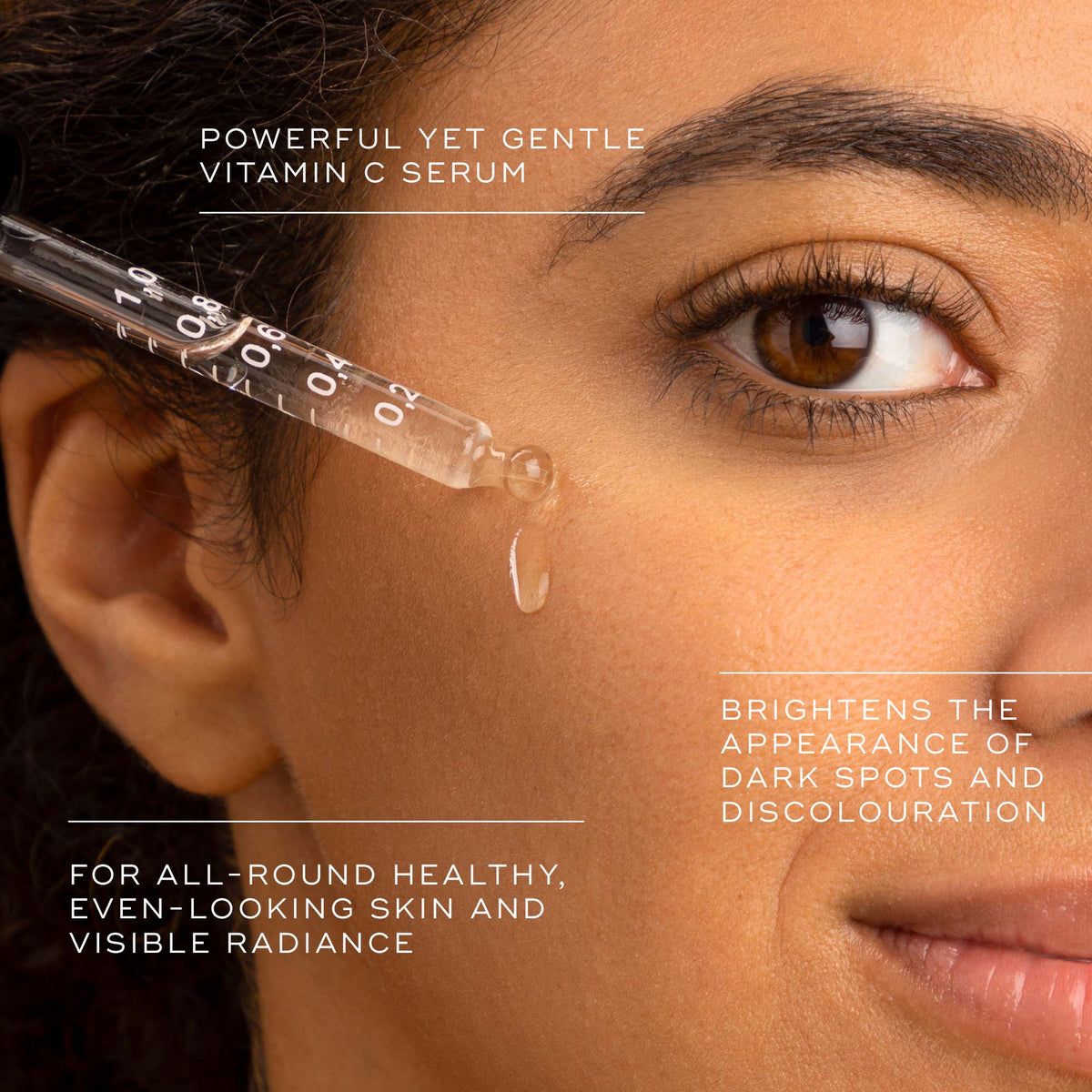 Model with Medik8 C-Tetra Luxe serum dispensed onto the cheek beside product benefit captions.
