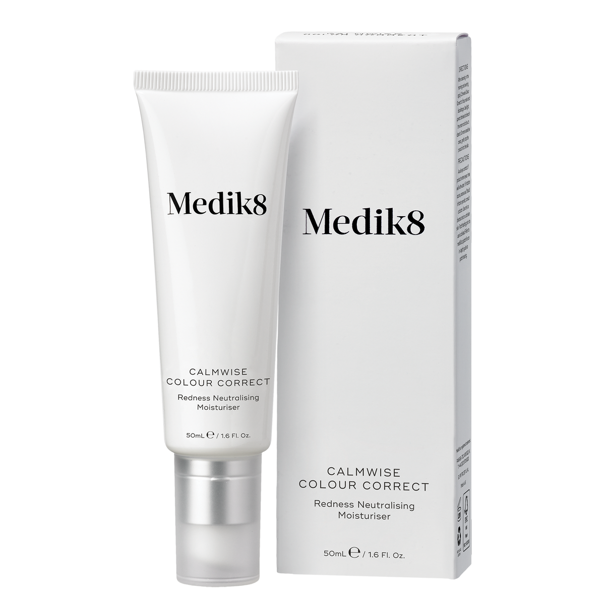 Medik8 Calmwise Colour Correct 50ml white tube with a silver pump beside its white carton.