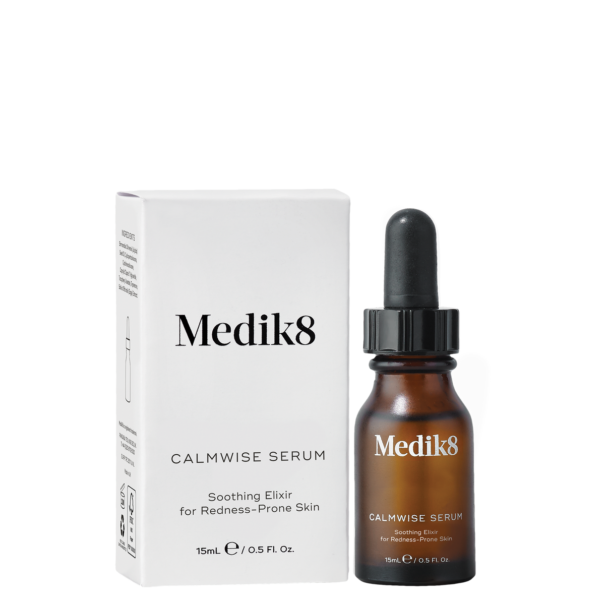 Medik8 Calmwise Serum 15ml amber dropper bottle beside its white carton.