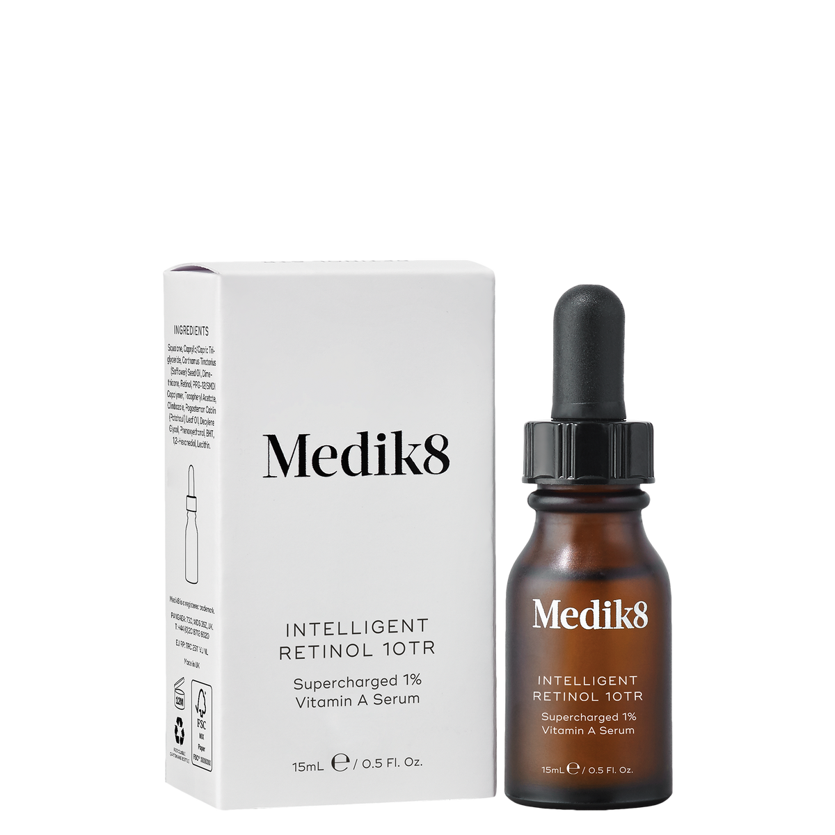 Medik8 Intelligent Retinol 10TR serum bottle displayed beside its carton.