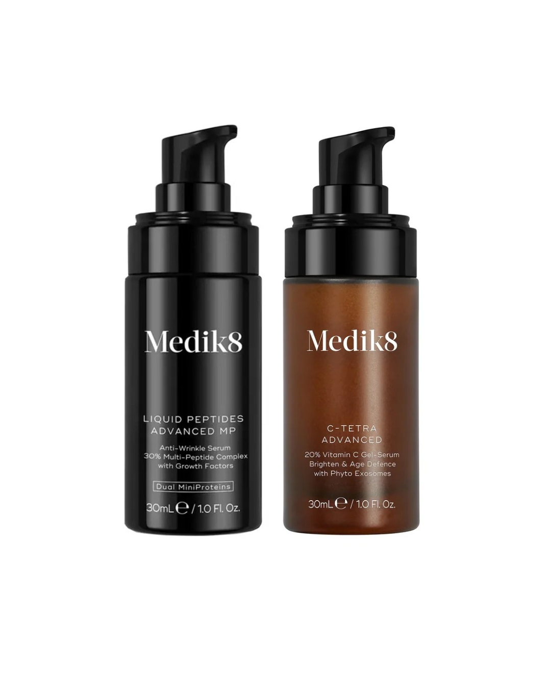 Medik8 Liquid Peptides Advanced MP 30ml and C-Tetra Advanced 30ml pump bottles side by side on a white background.
