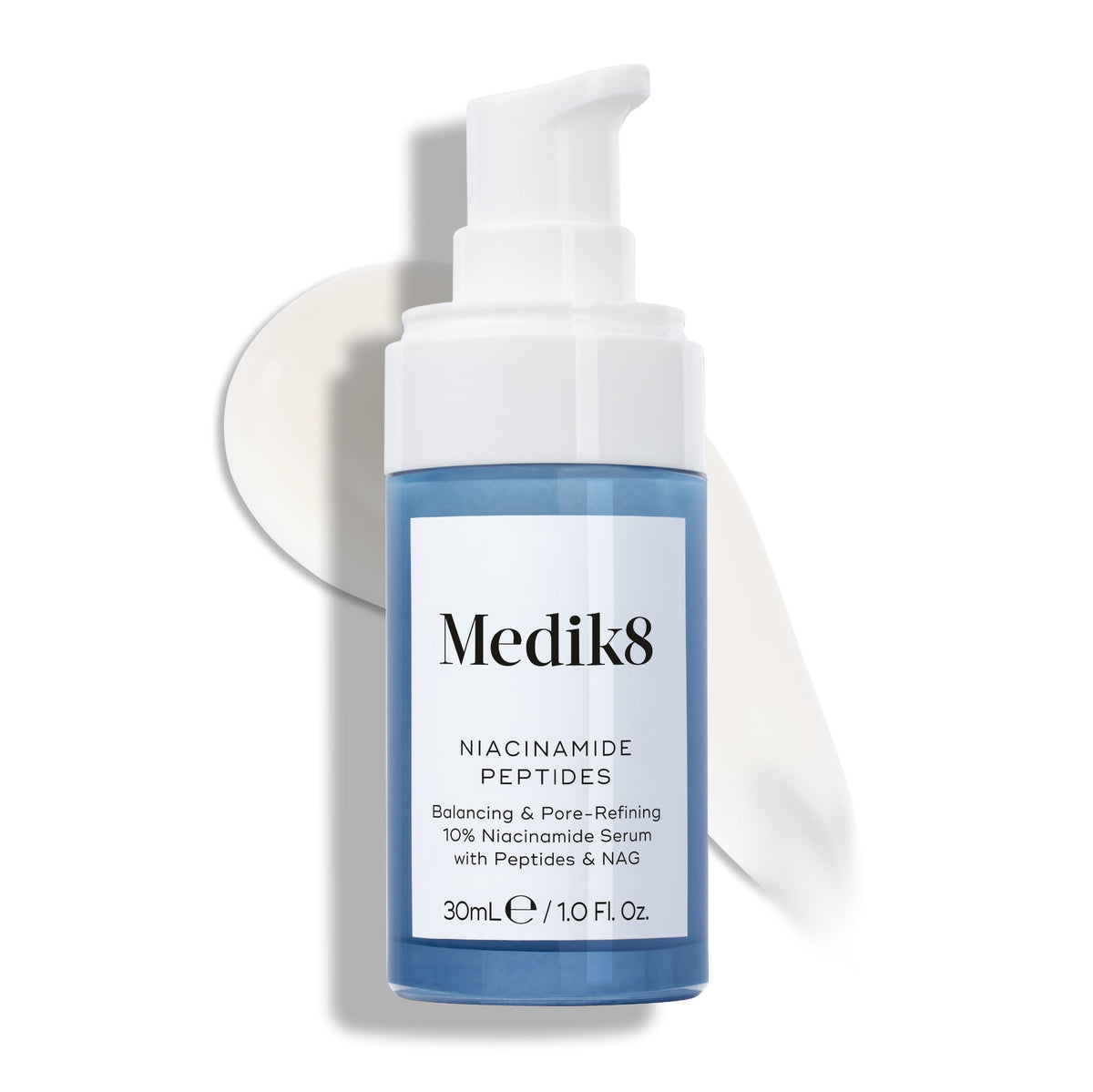 Medik8 Niacinamide Peptides 30ml serum bottle with a white serum texture swatch