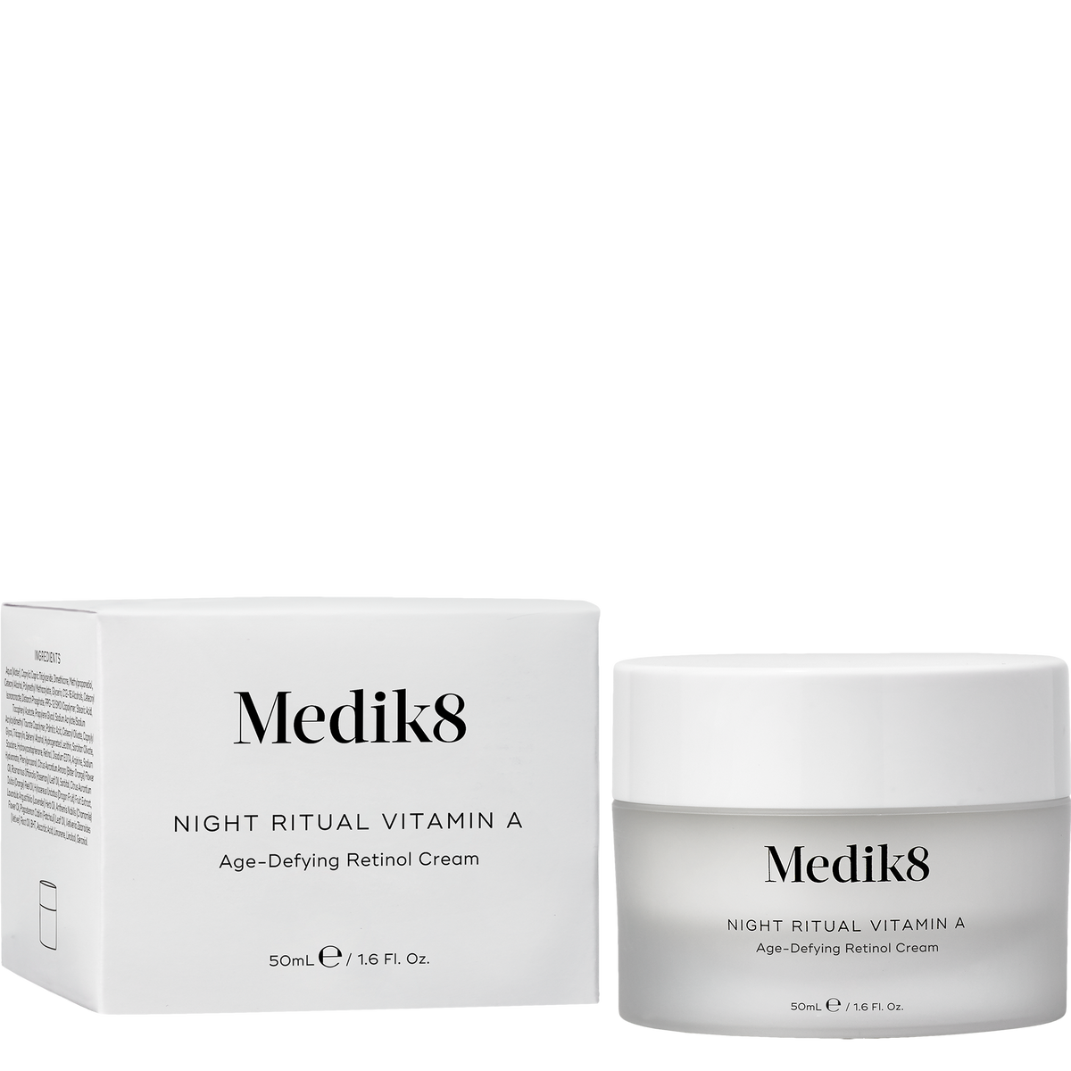 Medik8 Night Ritual Vitamin A Age-Defying Retinol Cream shown with its white outer box and a frosted glass jar with a white lid on a plain white background.