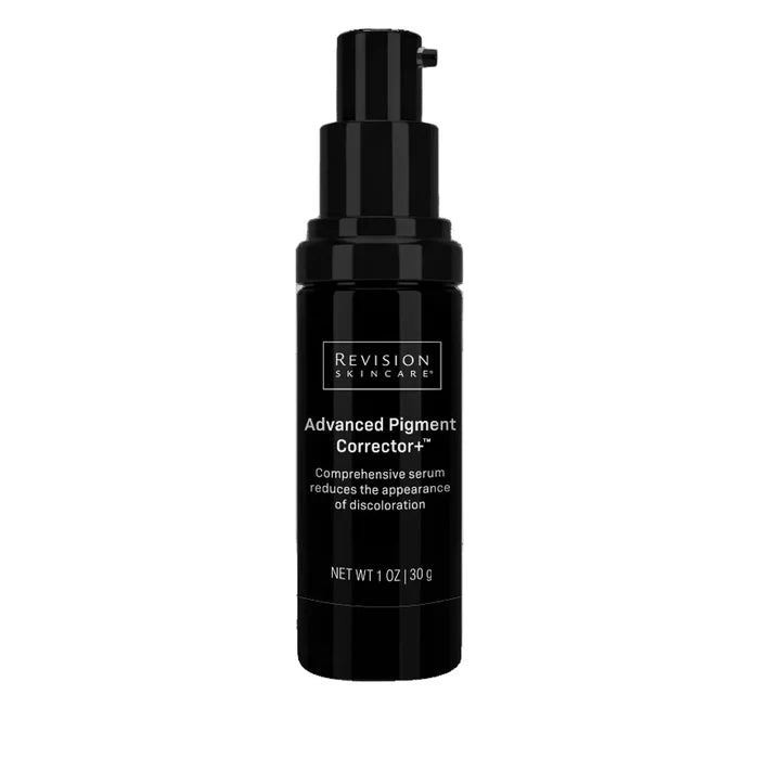 Revision Skincare Advanced Pigment Corrector+ 30g black pump bottle with cap removed on a white background.