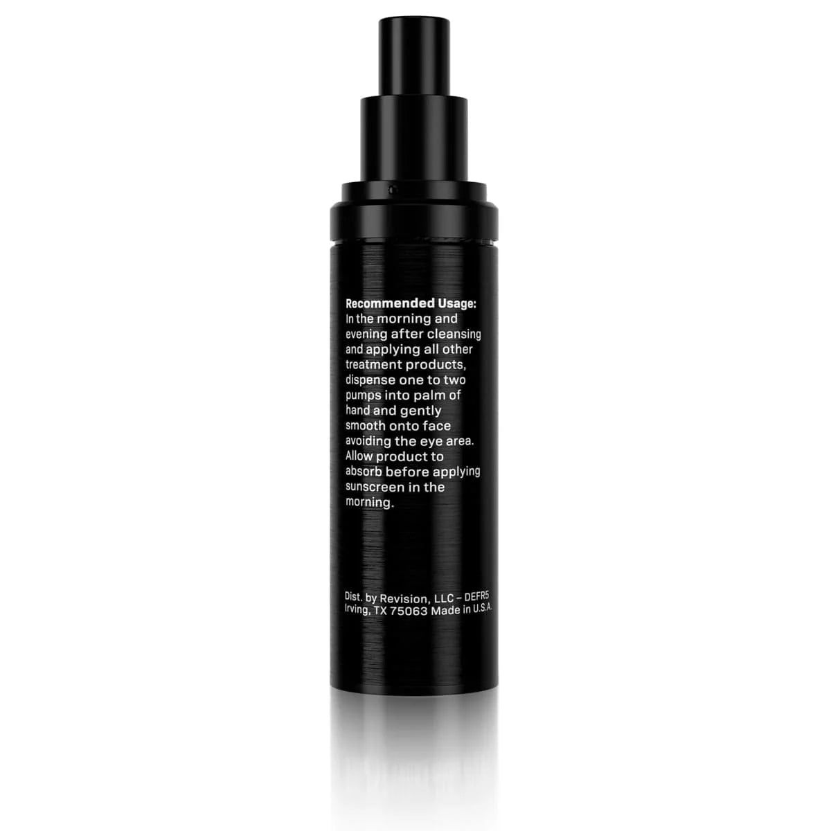 Back view of Revision Skincare D.E.J Face Cream black pump bottle showing usage directions.