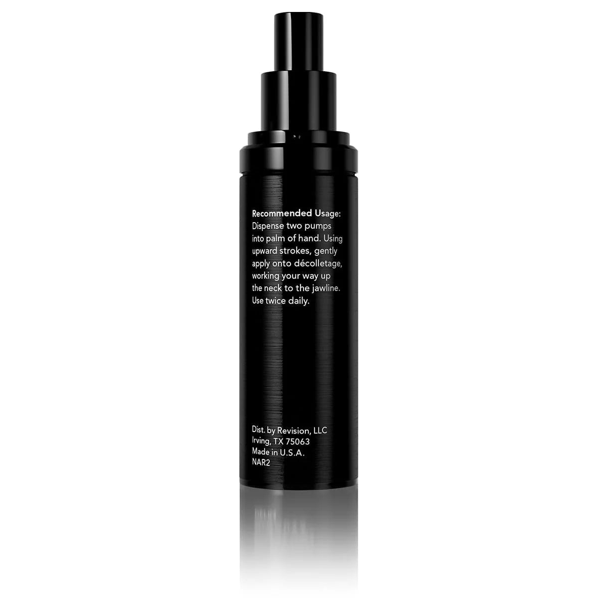 Back view of Revision Skincare Nectifirm Advanced pump bottle showing usage directions.
