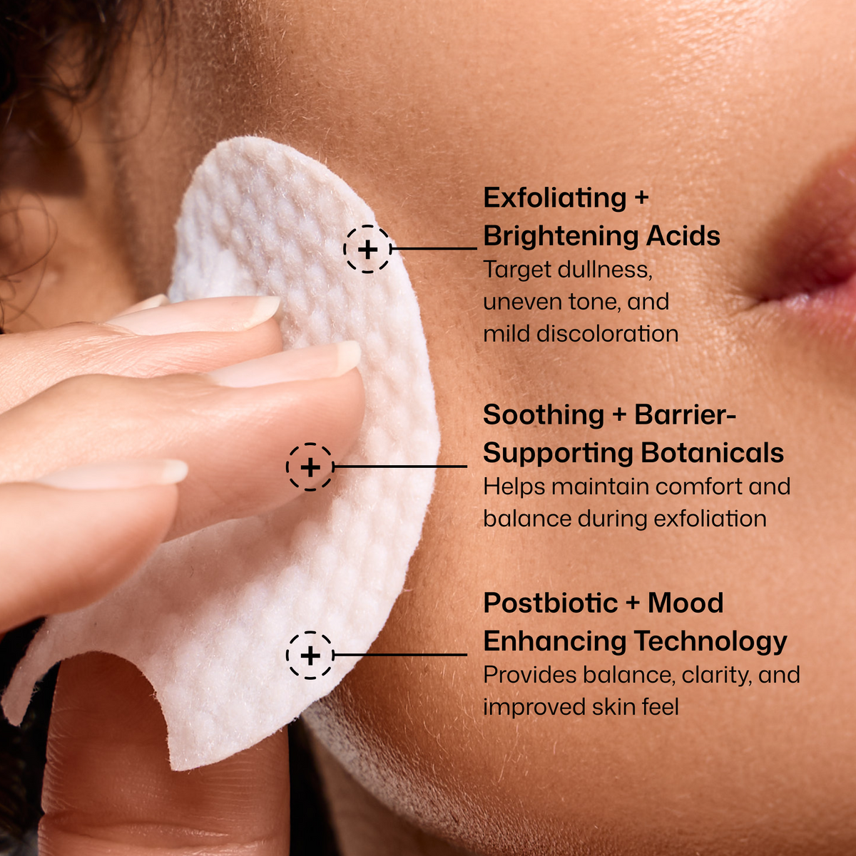 Model applying a Revision Skincare Tone+ Correcting Pad with captions about exfoliation, uneven tone and microbiome balance.