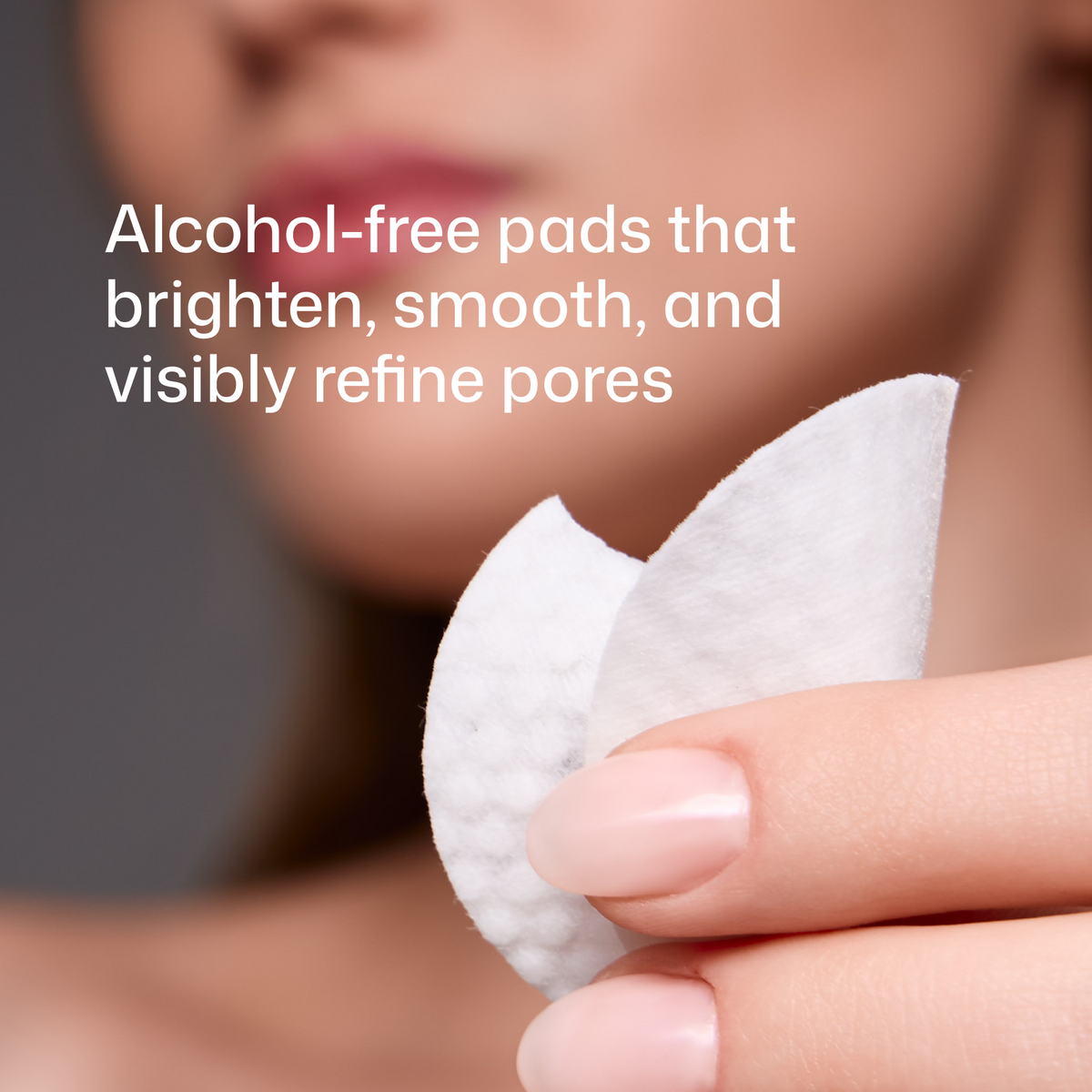 Model using Revision Skincare Tone+ Correcting Pads beside icons and captions about uneven tone, brightness, texture and pores.