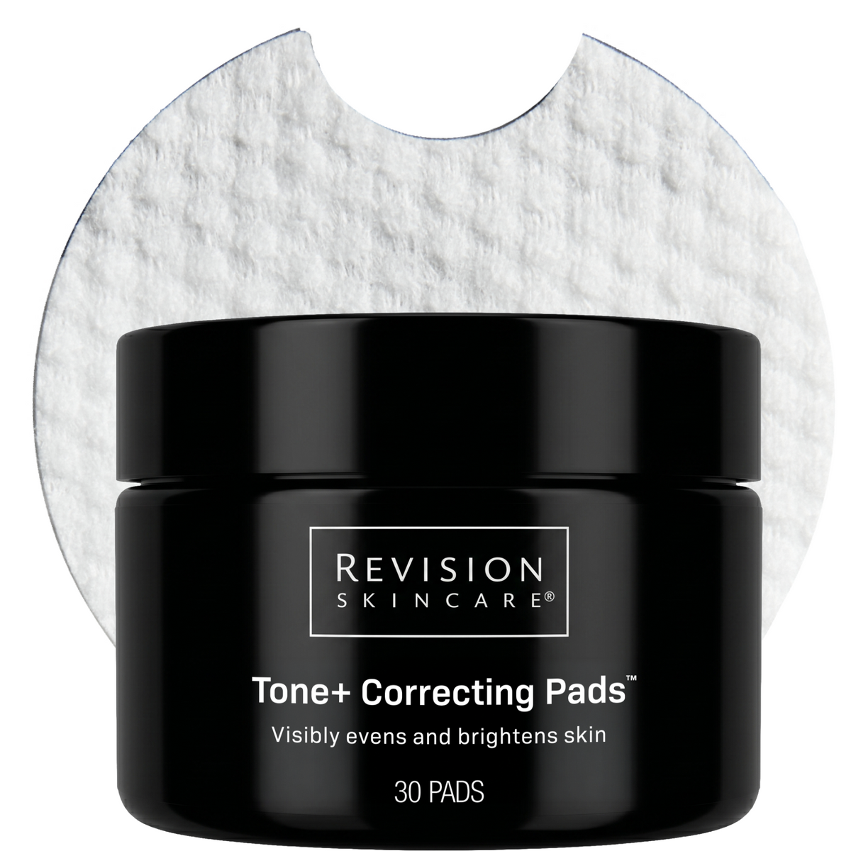 Revision Skincare Tone+ Correcting Pads black jar containing 30 pads, displayed in front of a white textured pad.