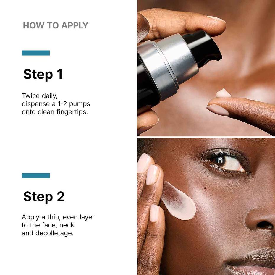 SkinCeuticals Advanced RGN-6 application guide showing cream dispensed onto a fingertip and applied to the cheek.