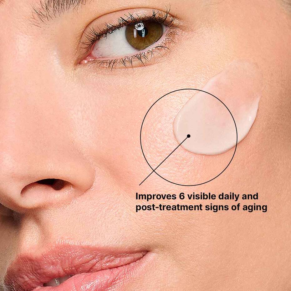 Model with SkinCeuticals Advanced RGN-6 cream on the cheek beside a product benefits caption.