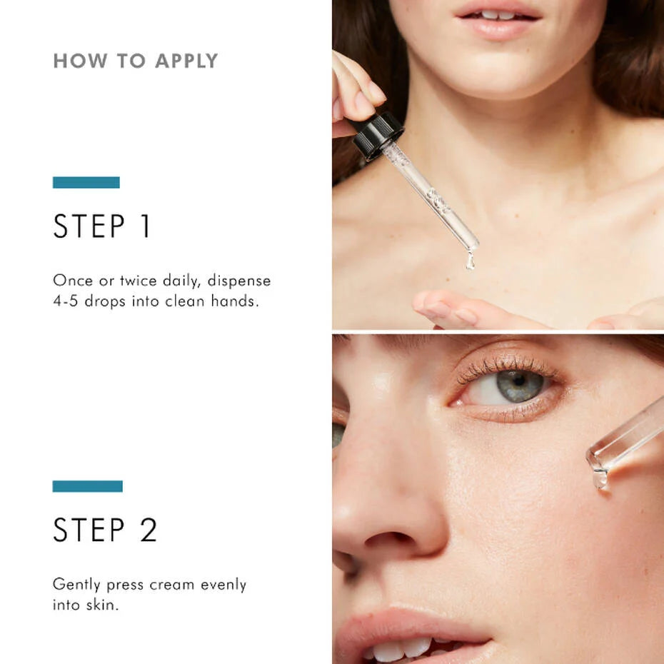 SkinCeuticals Blemish + Age Defense application guide showing serum dispensed and applied to the face.