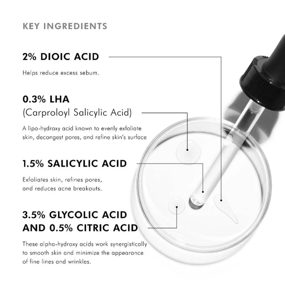 SkinCeuticals Blemish + Age Defense ingredient graphic highlighting dioic, salicylic, glycolic and citric acids, and LHA.