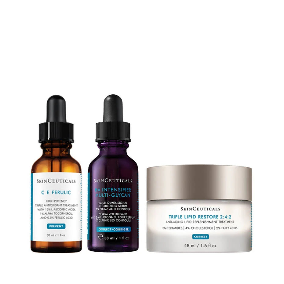 SkinCeuticals C E Ferulic 30ml, H.A. Intensifier Multi-Glycan 30ml and Triple Lipid Restore 2:4:2 48ml on a white background.