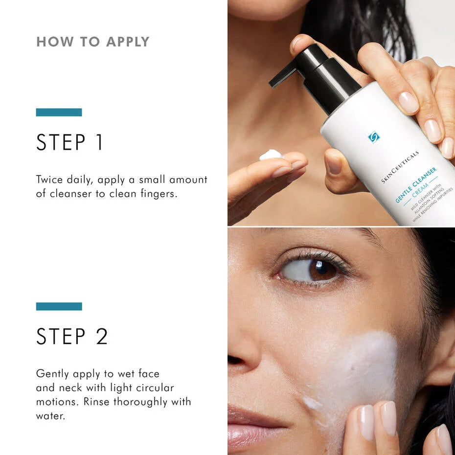 SkinCeuticals Gentle Cleanser application guide showing cleanser dispensed and massaged onto the face.
