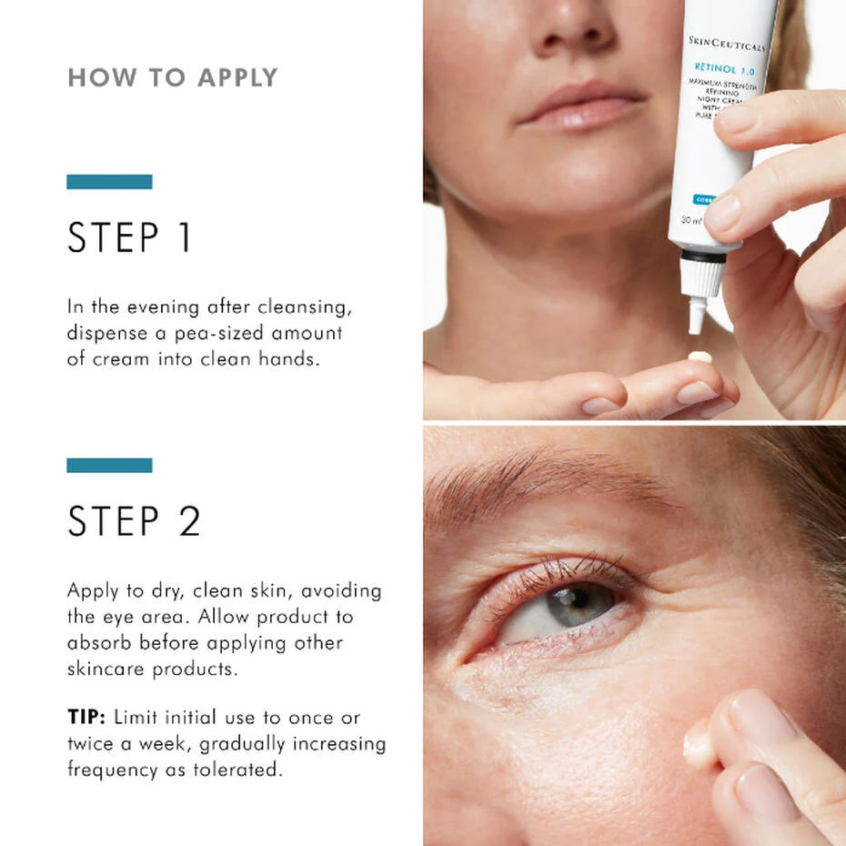 SkinCeuticals Retinol 1.0 application guide showing a pea-sized amount dispensed and applied to a model’s cheek.
