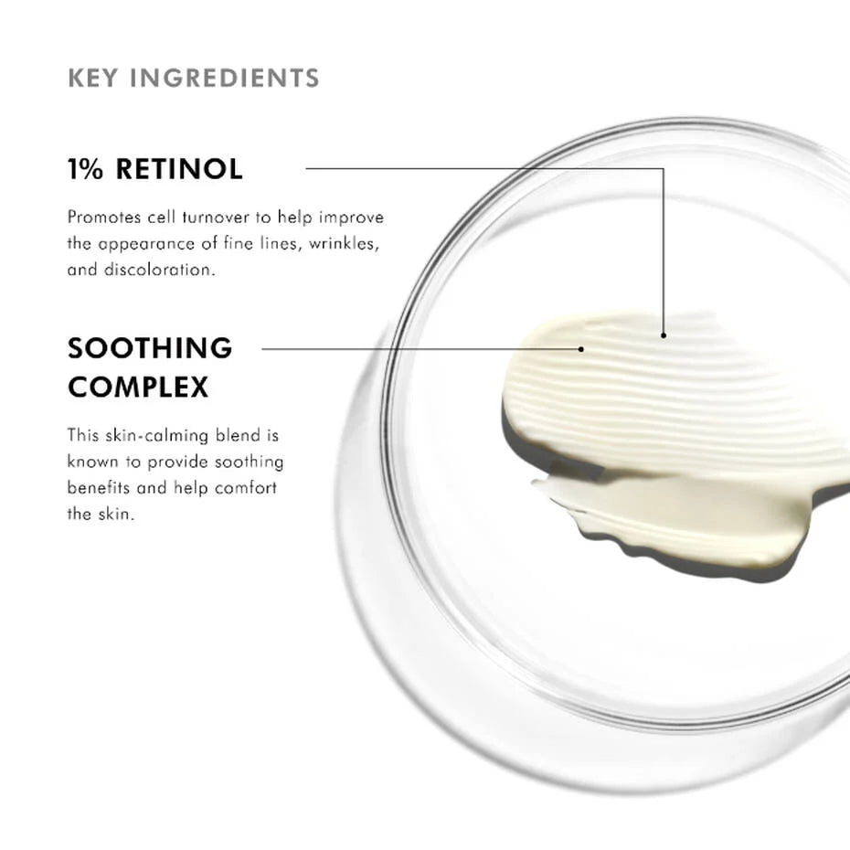SkinCeuticals Retinol 1.0 ingredient graphic highlighting 1% retinol and a soothing complex beside a cream swatch.