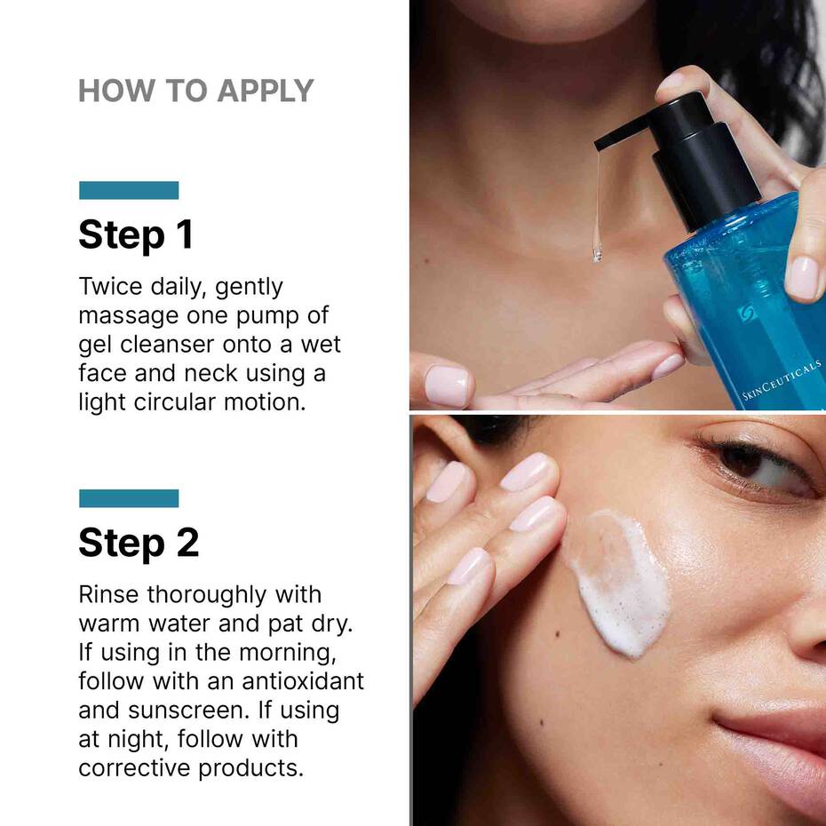 SkinCeuticals Simply Clean application guide showing cleanser dispensed and massaged onto the face.