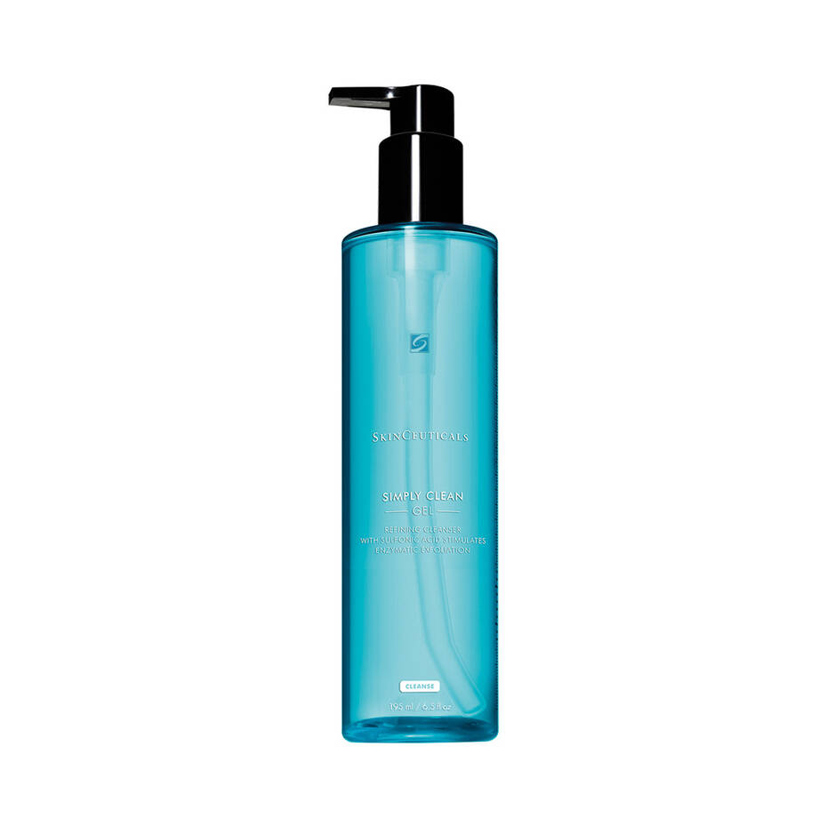 SkinCeuticals Simply Clean gel cleanser in a blue pump bottle.