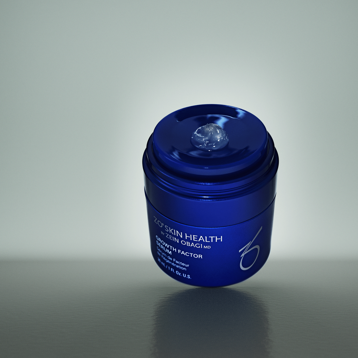ZO Skin Health Growth Factor Serum blue jar on a neutral background
