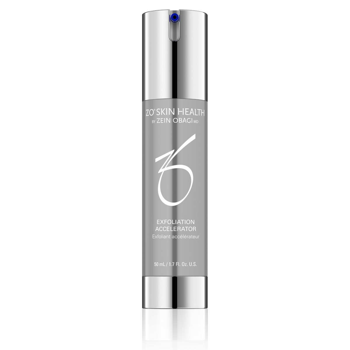 A 50 ml bottle of ZO SKIN HEALTH Exfoliation Accelerator, featuring a sleek silver metallic design with white text and logo, set against a clean white background with a subtle reflection.