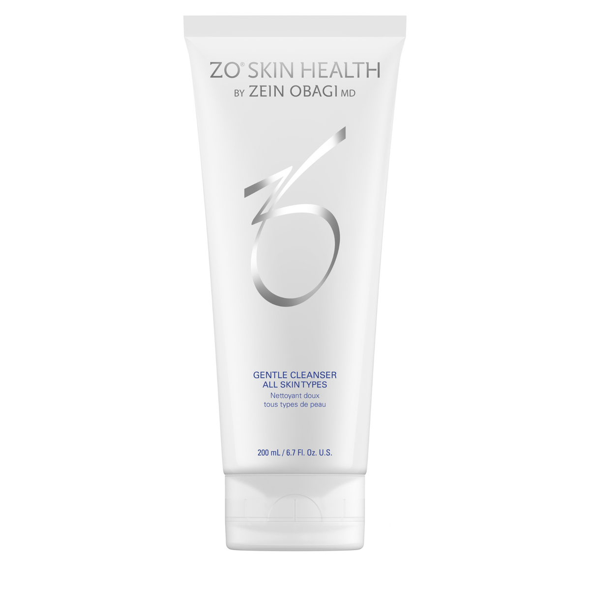 A white squeeze tube of ZO Skin Health Gentle Cleanser by Zein Obagi MD, featuring a large silver 'Z' logo and blue text, set against a plain white background.