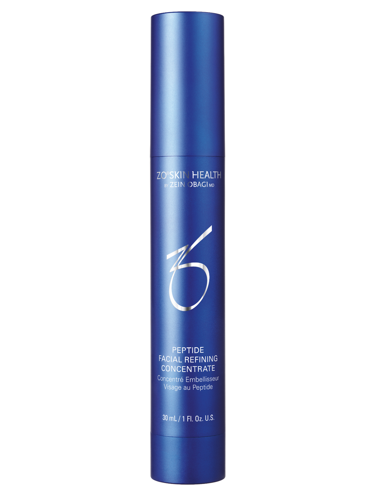 ZO Skin Health Peptide Facial Refining Concentrate blue bottle on a white background