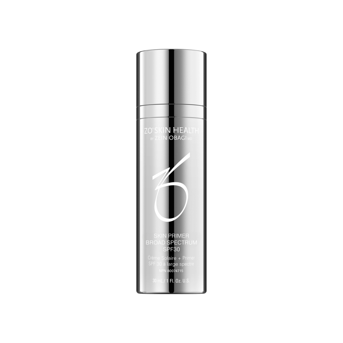 Silver bottle of skin primer broad spectrum on white background