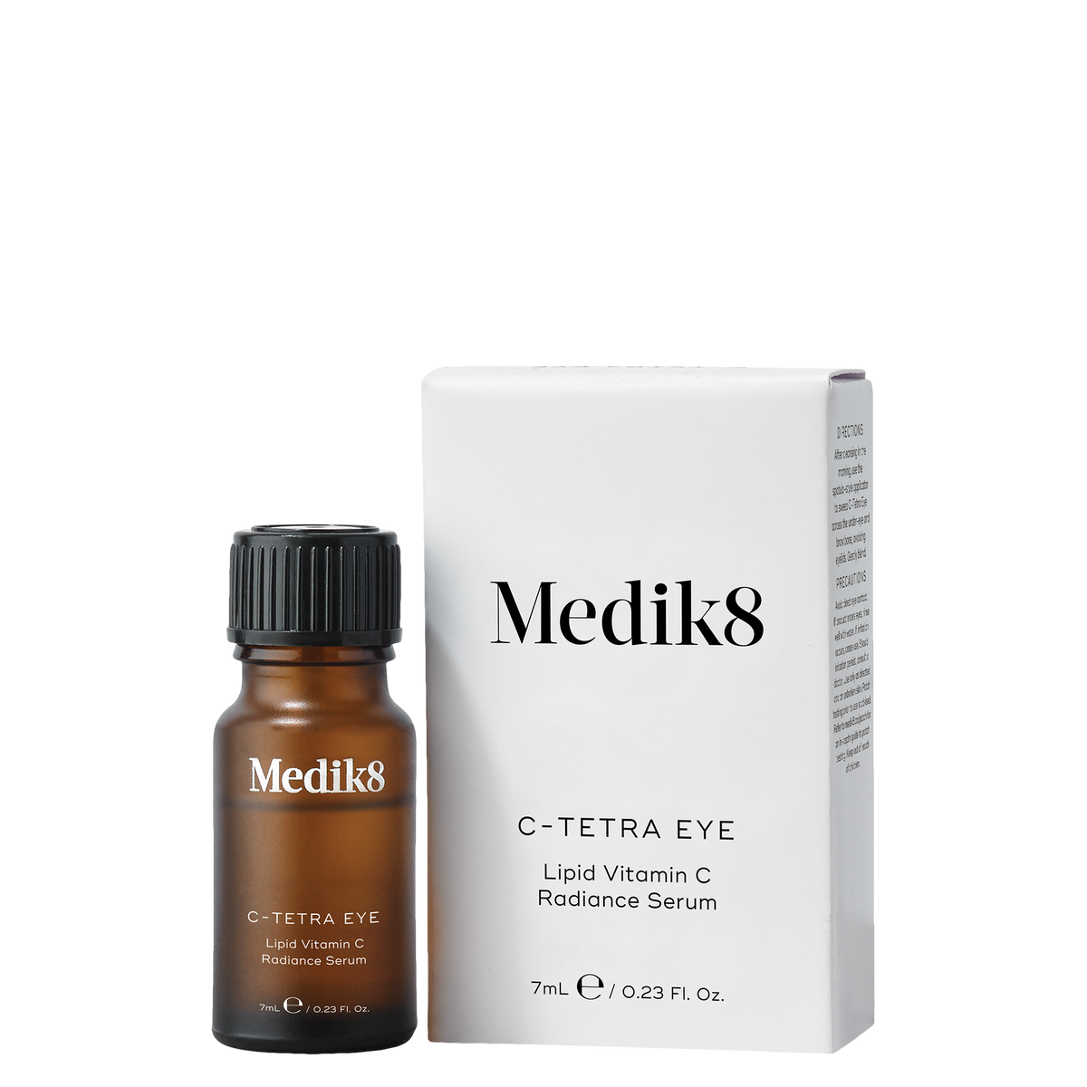 Medik8 C-Tetra Eye lipid vitamin C radiance serum in an amber 7ml bottle beside its white carton.