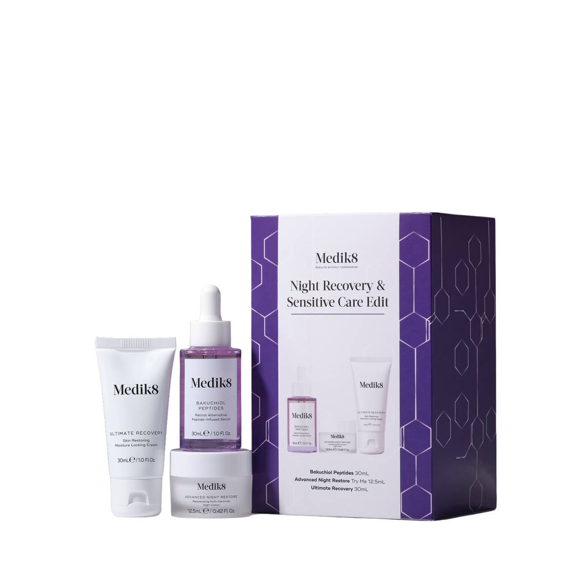 Medik8 Night Recovery and Sensitive Care Edit gift set with its overnight repair and sensitive skin duo