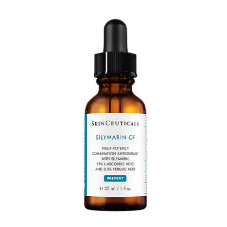 SkinCeuticals Silymarin CF is a high-potency combination antioxidant serum with silymarin, 15% L-ascorbic acid (vitamin C) and 0.5% ferulic acid, formulated to protect oily and blemish-prone skin from environmental damage. Available at Epios Skin.