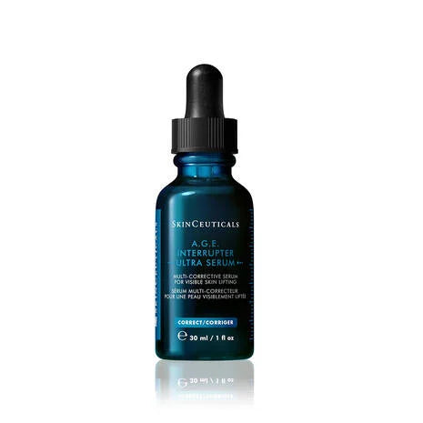 SkinCeuticals A.G.E. Interrupter Ultra Serum is a multi-corrective serum formulated for visible skin lifting and targets advanced glycation end-products. Available at Epios Skin.