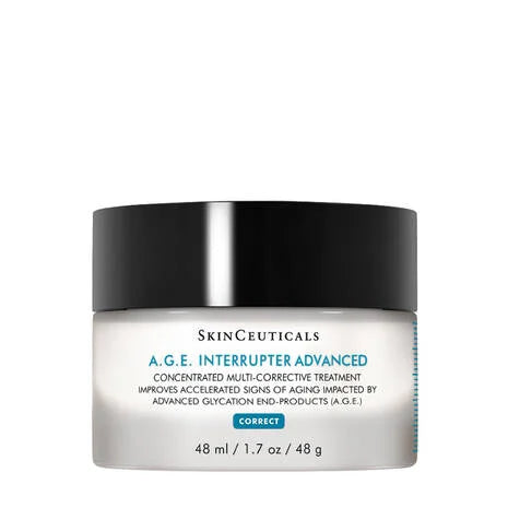 SkinCeuticals A.G.E. Interrupter Advanced is a concentrated multi-corrective treatment that improves accelerated signs of aging impacted by advanced glycation end-products (A.G.E.). Available at Epios Skin.
